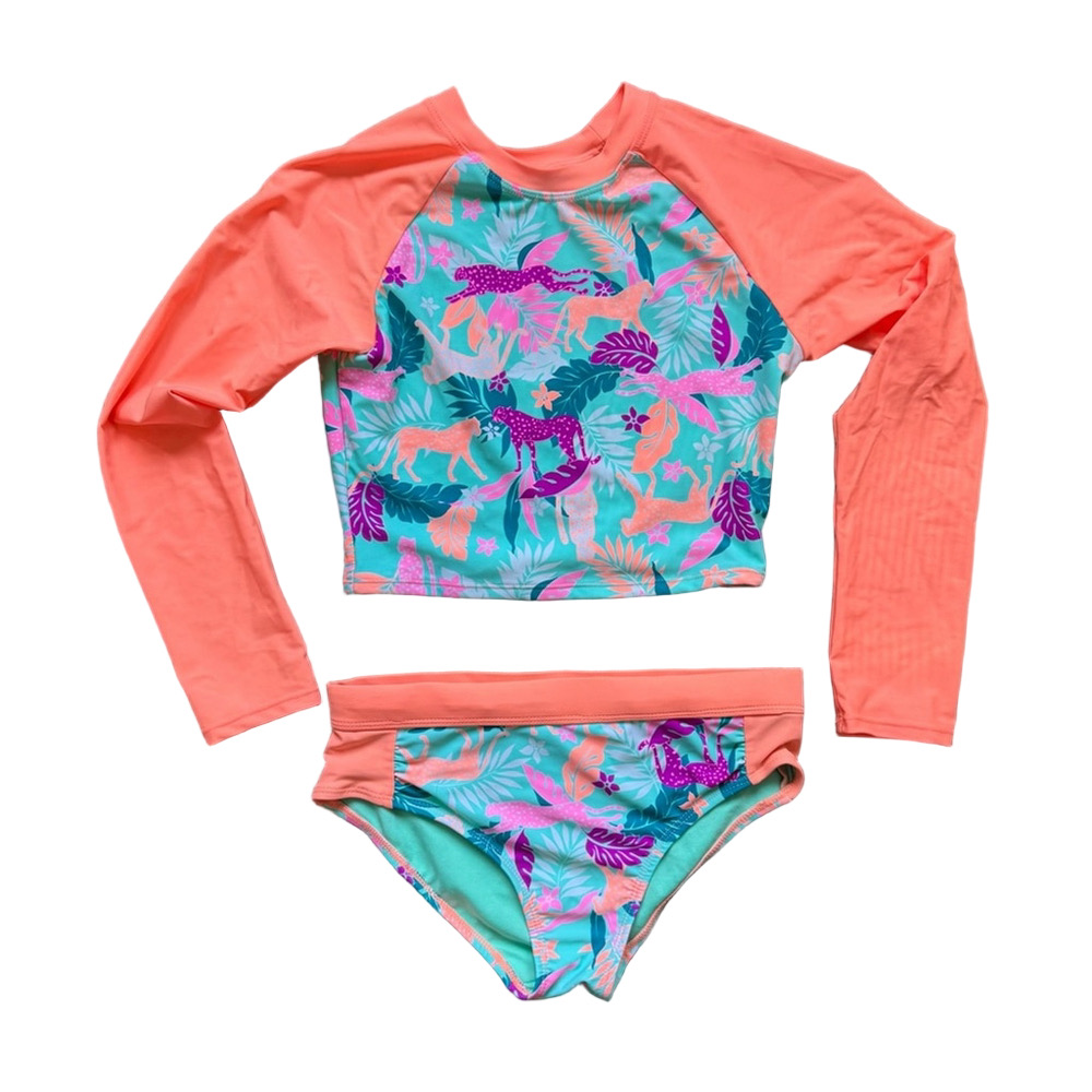 George Vibrant Tropical Orange and Green Rashguard Swim Set Girl’s 14-16